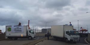 Blockade Australia activists disrupt traffic at Port Botany on Wednesday afternoon.