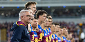 Brisbane Lions coach Chris Fagan and his players before the preliminary final against Carlton.