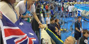 Kyle Chalmers and Gina Rinehart (left,in hat) at the world championships last year.