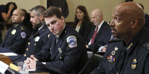 Left to right:US Capitol Police Sergeant Aquilino Gonell,Washington Metropolitan Police Department officers Michael Fanone,and Daniel Hodges and US Capitol Police Sergeant Harry Dunn testify before the House select committee hearing on the January 6 attack.