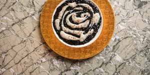 Risotto nero e bianco:squid ink rice with an emulsion of buttermilk,white wine and vinegar.