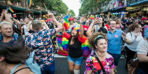 People celebrate the Yes vote on marriage equality in Sydney in 2017.