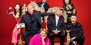 Taskmaster Tom Gleeson with his assistant Tom Cashman (centre),with contestants (clockwise from left) Jenny Tian,Wil Anderson,Anne Edmonds,Lloyd Langford and Josh Thomas.