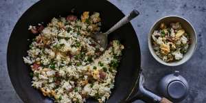 Bacon,egg and pea fried rice.