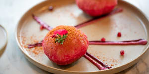 Foreign Return’s Raj kachori reinterpreted as pink semolina domes with chickpeas,yoghurt,pomegranate and tamarind.
