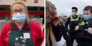 Left,a Bunnings worker speaks with a woman who is refusing to wear a mask. Right,the woman confronts police.
