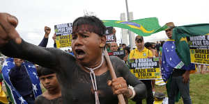 Indigenous Chief Tserere Xavante attends a protest by supporters of outgoing President Jair Bolsonaro against his re-election loss in Brasilia last month.