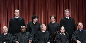 The justices of the US Supreme Court gather for a group portrait. Front row,from left:Associate Justice Stephen Breyer,Associate Justice Clarence Thomas,Chief Justice John Roberts,Associate Justice Ruth Bader Ginsburg and Associate Justice Samuel Alito. Back row,from left:Associate Justice Neil Gorsuch,Associate Justice Sonia Sotomayor,Associate Justice Elena Kagan and Associate Justice Brett Kavanaugh. 