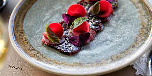Tuna,shiso and watermelon radish.