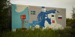 A painting on a container in Lubmin,Germany,shows the Nord Stream gas pipeline from Russia to Germany.