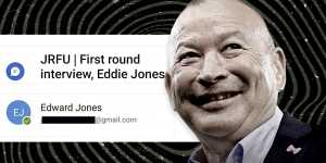 Screenshots show the JRFU’s Zoom meeting room titled ‘First round interview,Eddie Jones’,and the personal email address from which Jones accepted the invitation.