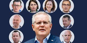 National cabinet comprised Prime Minister Scott Morrison,and state and territory leaders clockwise from bottom left:Mark McGowan (WA),Andrew Barr (ACT),Daniel Andrews (Vic),Gladys Berejiklian (NSW),Annastacia Palaszczuk (Qld),Steven Marshall (SA),Michael Gunner (NT),Peter Gutwein (Tas).