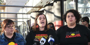 Meriki Onus,from the Warriors of Aboriginal Resistance,at a press conference in June 2020 with Tarneen Onus Browne. 