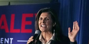 Republican presidential candidate former UN ambassador Nikki Haley addresses a gathering during a campaign rally in New Hampshire. 