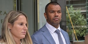Maddi and Kurtley Beale outside court during a break on Friday.