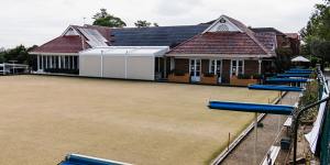 The bowling green and the pavilion,pictured with its shutters down.