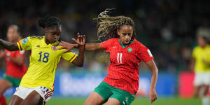 Fatima Tagnaout of Morocco controls the ball against Linda Caicedo of Colombia during the Group H match at Perth Rectangular Stadium.