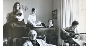 Writer David Leser (on guitar) in his family’s London home in 1976,with mother Barbara,brother Daniel,sister Deborah and father Bernard. 