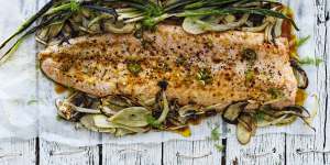 Roasted salmon with a citrus and soy dressing.