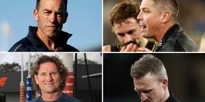 The soft cap could mean clubs seeking a new coach cannot afford Alastair Clarkson (top left),coming with competition from Adam Kingsley,James Hird and Nathan Buckley.