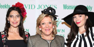 Packer ladies (from left) Gretel Packer,Ros Packer and Francesca Barham arrive at the Crown Resorts Autumn Ladies Luncheon to celebrate Sydney's Autumn Racing carnival in 2014.