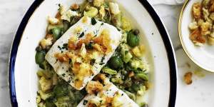 Healthy roasted blue-eye trevalla with winter's leeks.