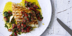 Summer sunshine on a plate:Barbecued fish with sauce vierge.