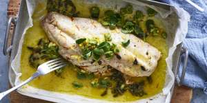 Baked fish with saffron butter,lemon and green olive salsa.