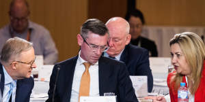 Anthony Albanese,NSW Premier Dominic Perrottet and Queensland Premier Annastatica Palaszczuk discuss policy ideas during the jobs summit.
