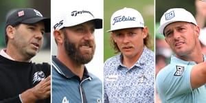 LIV golfers (l-r) Sergio Garcia,Dustin Johnson,Cameron Smith and Bryson DeChambeau all wore team logos during the first round of practice for The Masters at Augusta National.