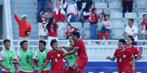 Indonesian players celebrate their goal just before half-time.