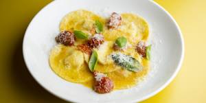 Ricotta ravioli with cherry tomatoes. 