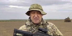 Yevgeny Prigozhin,the owner of the Wagner Group military company speaks to a camera at an unknown location. 