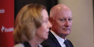 Woodside chief executive Meg O’Neill and chairman Richard Goyder speaking to the media after the company’s AGM.