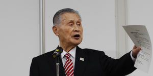 Yoshiro Mori speaking at a news conference in Tokyo on February 4.