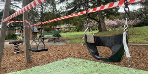 Tape blocks off access to swings at Basterfield Park in Hampton East on Tuesday.