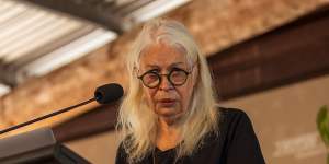 Professor Marcia Langton,who has helped craft a proposed model for the Indigenous Voice,speaks at the Garma Festival at Gulkula on Friday.
