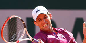 Dominic Thiem of Austria plays a forehand in his first round match against Pablo Andujar of Spain during day one of the 2021 French Open at Roland Garros.