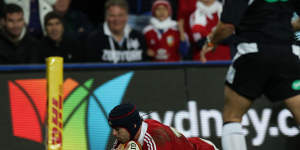 Leigh Halfpenny scores for the British and Irish Lions during a tour match against the Waratahs almost a decade ago.