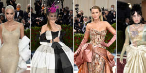 The threads of a story at the Met Gala 2022. Kim Kardashian in vintage Jean Louis,Sarah Jessica Parker in Christopher John Rogers,Blake Lively in Versace and Billie Eilish in Gucci.
