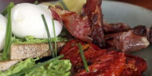 The Tuckshop breakfast combines eggs with pancetta,tomatoes,avocado and smashed peas.