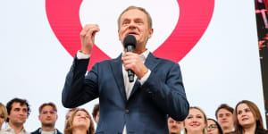 Donald Tusk,former president of the European Union (EU) and leader of the Civic Coalition,speaks during an election night rally at the party headquarters in Warsaw,Poland.
