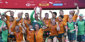 Australia celebrate winning the World Rugby Sevens Series in Los Angeles.