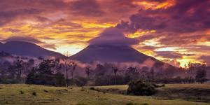 The Arenal volcano at sunset.