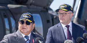 Indonesian President Prabowo Subianto and Prime Minister Anthony Albanese on the flight deck of HMAS Canberra in Sydney,where they announced a defence pact last week.