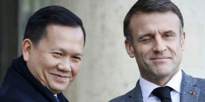 Cambodia Prime Minister Hun Manet,left,is welcomed to the Elysee Palace in Paris by French President Emmanuel Macron last week.