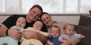 Sean Glachan,Taylah Tudehope-Glachan and their 6-month-old quadruplets Archie,Billy,Charlie and Daisy at home at Buff Point on the NSW Central Coast.