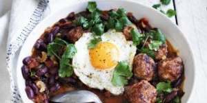 Chorizo meatballs,red beans and a fried egg.