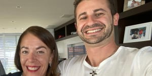 Melissa Caddick (with husband Anthony Koletti) is wearing a diamond and sapphire necklace she purchased for $370,000 in 2015 using stolen funds.