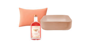“Naville” cushion;“Strawberries&Cream” gin;“Cube” basin.